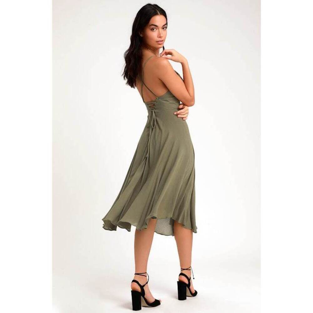 Lulus Troulos Olive Green Lace-up Midi Dress - Size S